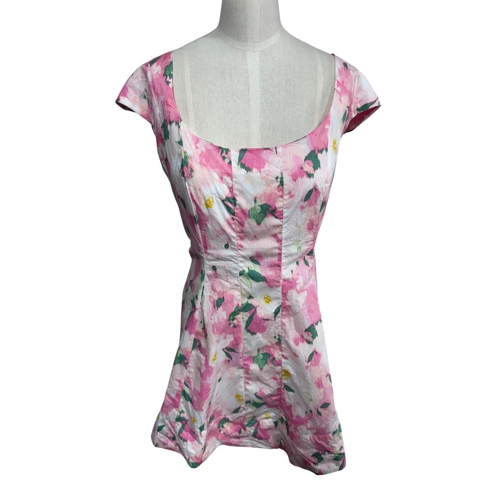 A‎ New Day 12 Pink Floral Mini Dress Short Sleeve Fit & Flare Corset Woven